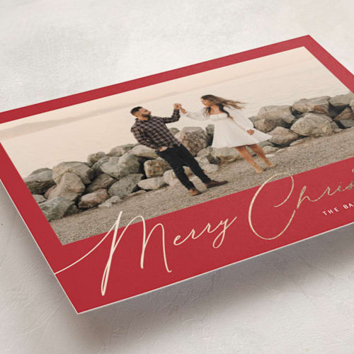 This is a crimson foil pressed holiday cards with foil pressed by Melanie Severin called simply charming printing on recycled smooth signature in standard