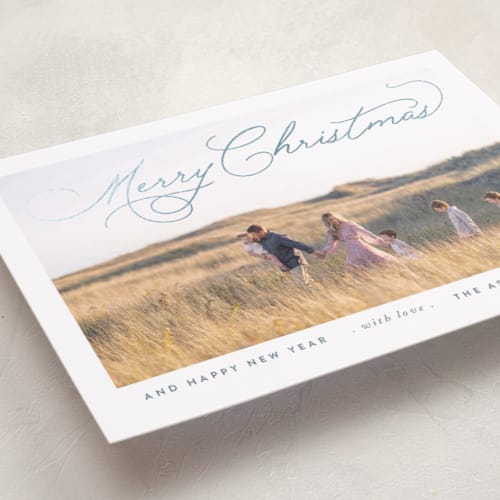 This is a steely frost foil pressed holiday cards with foil pressed by Design Lotus called softly merry printing on recycled smooth signature in standard