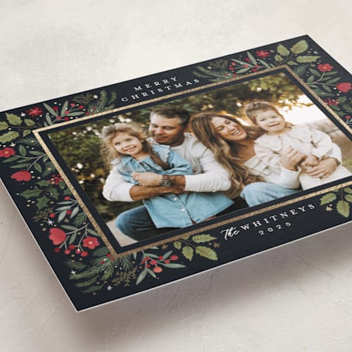 This is a midnight foil pressed holiday cards with foil pressed by Makewells called shiny botanicals printing on recycled smooth signature in standard