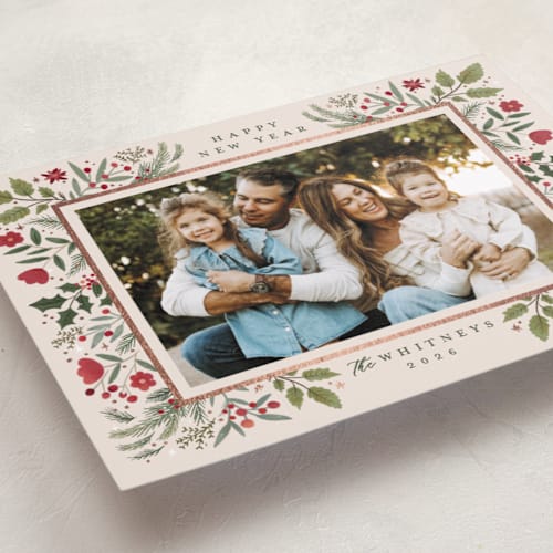 This is a cream foil pressed holiday cards with foil pressed by Makewells called shiny botanicals printing on recycled smooth signature in standard