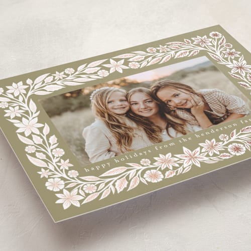 This is a olive foil pressed holiday cards with foil pressed by Katharine Watson called mosaic frame printing on recycled smooth signature in standard