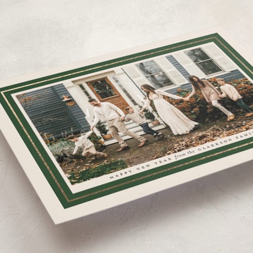 This is a evergreen foil pressed holiday cards with foil pressed by Jessica Williams called heritage printing on recycled smooth signature in standard