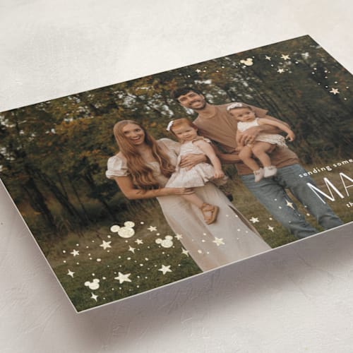 This is a mickey gloves foil pressed holiday cards with foil pressed by Danie Romrell called disney mickey holiday magic printing on recycled smooth signature in standard