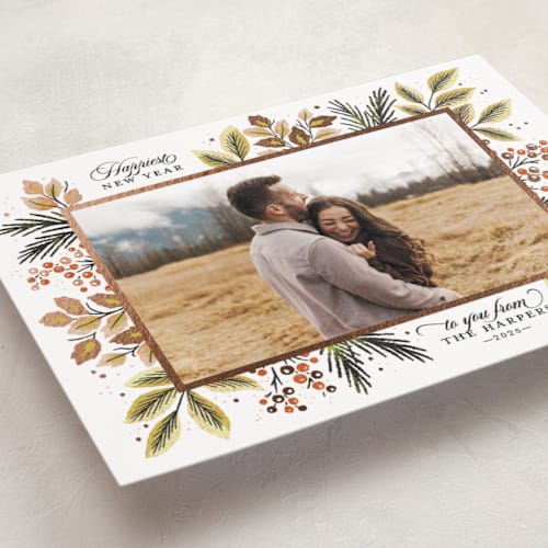 This is a clay foil pressed holiday cards with foil pressed by Kimberly Morgan called verdancy printing on recycled smooth signature in standard