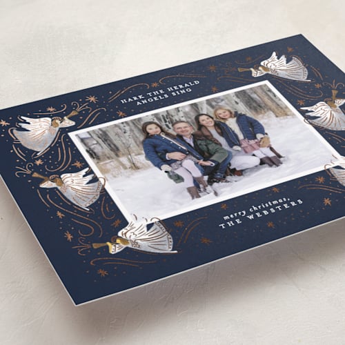 This is a holy night foil pressed holiday cards with foil pressed by Brooke Chandler called hark angels sing printing on recycled smooth signature in standard