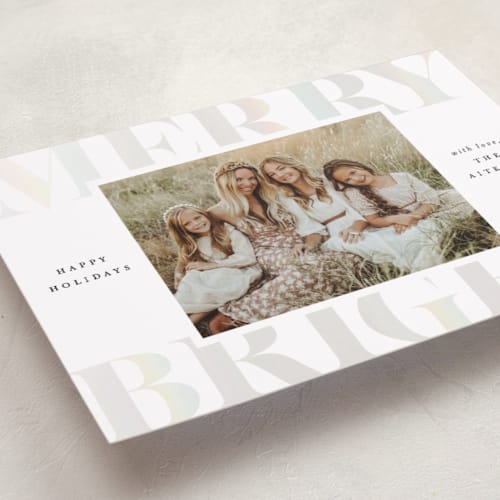 This is a snow gloss press holiday cards with gloss press by Brooke Chandler called merry & bright holiday printing on recycled smooth signature in standard