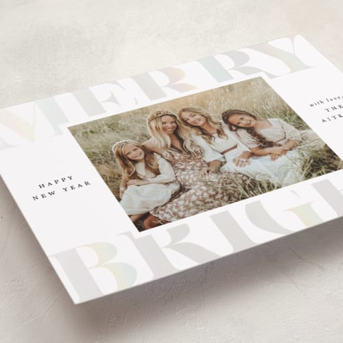 This is a snow gloss press holiday cards with gloss press by Brooke Chandler called merry & bright holiday printing on recycled smooth signature in standard