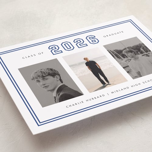 This is a royal graduation announcements with standard by Stacey Meacham called letterman printing on recycled smooth signature in standard