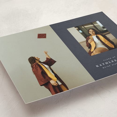 This is a navy graduation announcements with standard by Joyce Pinheiro called go far printing on recycled smooth signature in standard