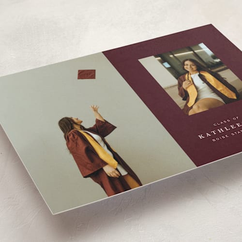 This is a maroon graduation announcements with standard by Joyce Pinheiro called go far printing on recycled smooth signature in standard