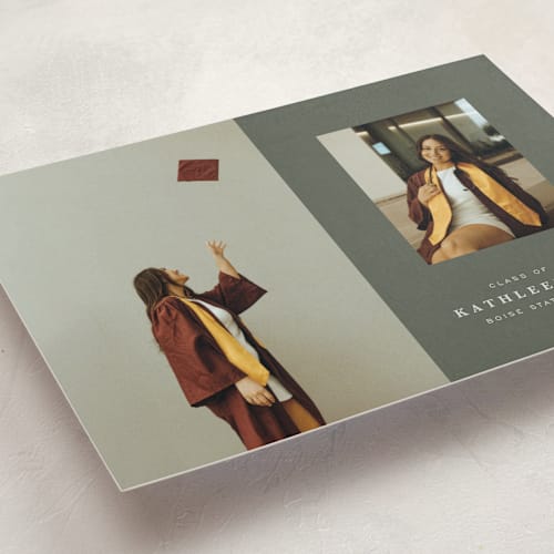 This is a sage graduation announcements with standard by Joyce Pinheiro called go far printing on recycled smooth signature in standard