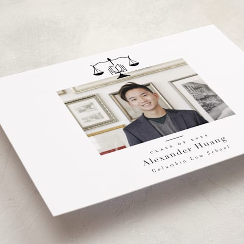 This is a ink graduation announcements with standard by Hudson meet Rose called scales of justice printing on recycled smooth signature in standard