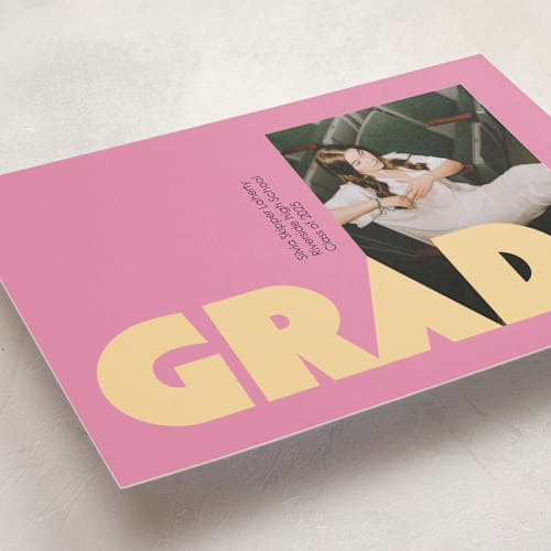 This is a bubblegum graduation announcements with standard by Claire called bold baddie printing on recycled smooth signature in standard