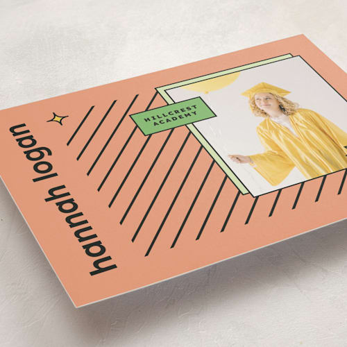 This is a peach graduation announcements with standard by Chryssi Tsoupanarias called fun grad printing on recycled smooth signature in standard