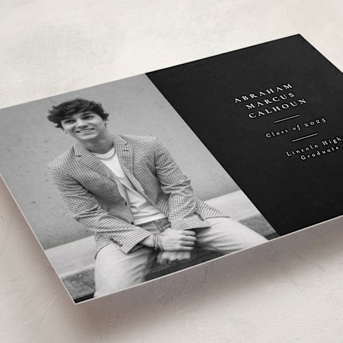 This is a noir graduation announcements with standard by Meggy Masters called distinguished printing on recycled smooth signature in standard