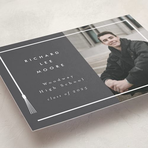 This is a charcoal graduation announcements with standard by AK Graphics called tassel framed printing on recycled smooth signature in standard