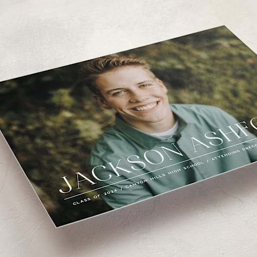 This is a limestone graduation announcements with standard by Erica Krystek called classy stack printing on recycled smooth signature in standard
