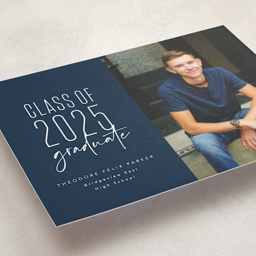 This is a jeans graduation announcements with standard by Lea Delaveris called one and done printing on recycled smooth signature in standard