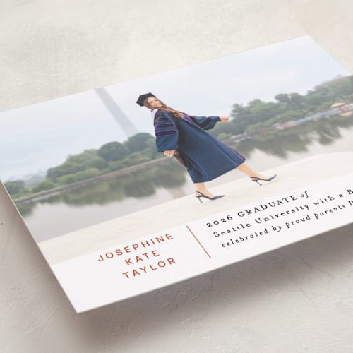 This is a tangerine graduation announcements with standard by Alethea and Ruth called simply stated printing on recycled smooth signature in standard