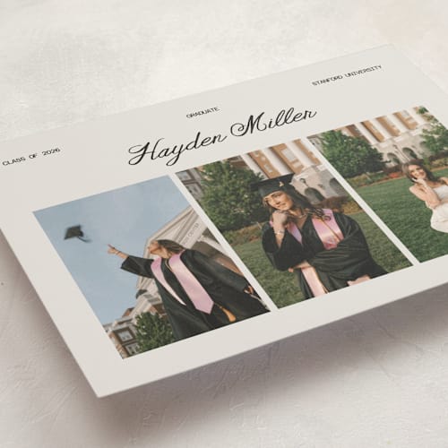 This is a silk graduation announcements with standard by Cass Loh called trio gallery printing on recycled smooth signature in standard