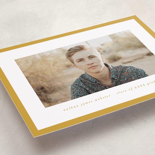 This is a marigold graduation announcements with standard by Lea Delaveris called wrapped printing on recycled smooth signature in standard