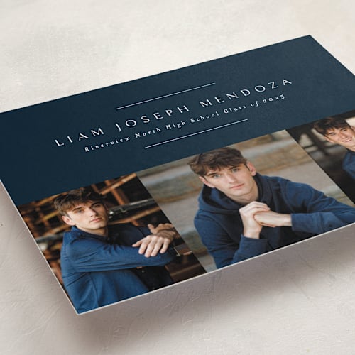 This is a denim graduation announcements with standard by Lea Delaveris called top three printing on recycled smooth signature in standard