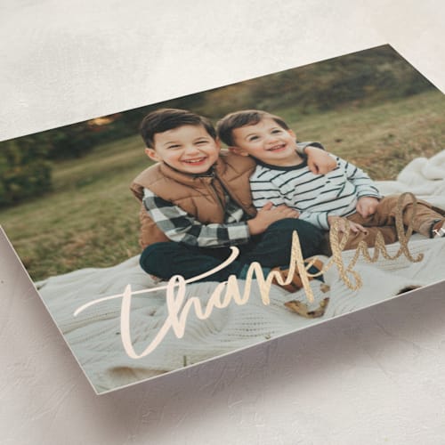 This is a snow thanksgiving cards invitations with foil pressed by Itsy Belle Studio called lettered thankful printing on recycled smooth signature in standard