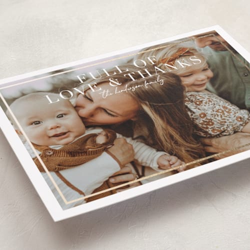 This is a golden thanksgiving cards invitations with foil pressed by Keen Peachy called just full printing on recycled smooth signature in standard