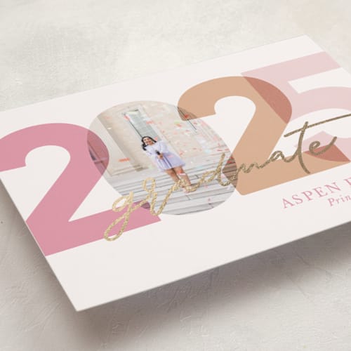 This is a blush graduation announcements with foil pressed by Carolyn Hunt called block print printing on recycled smooth signature in standard