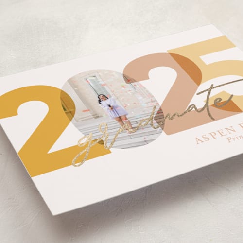This is a corn graduation announcements with foil pressed by Carolyn Hunt called block print printing on recycled smooth signature in standard