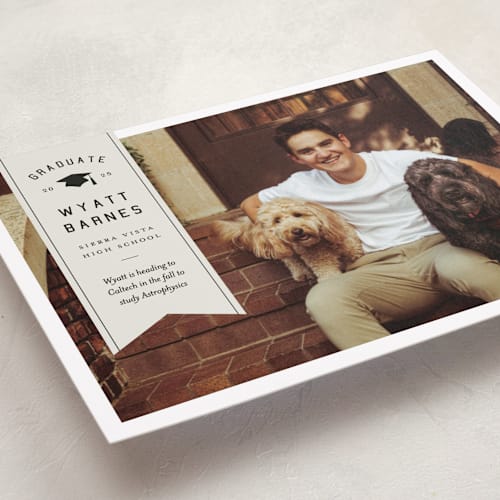 This is a taupe graduation announcements with standard by Sarah Curry called grad ribbon printing on recycled smooth signature in standard