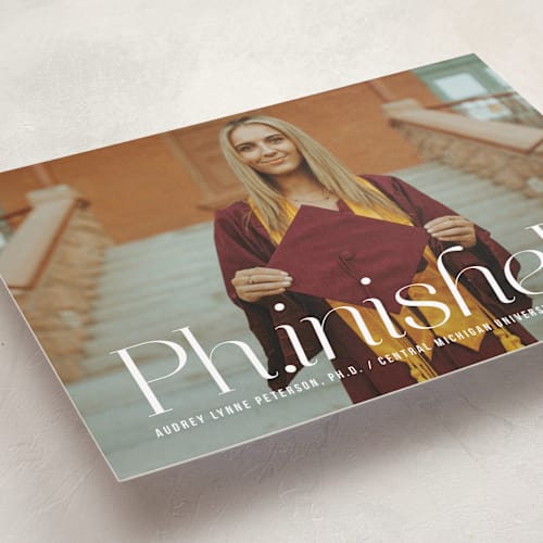This is a cloud graduation announcements with standard by Heather Schertzer called ph.inished. printing on recycled smooth signature in standard