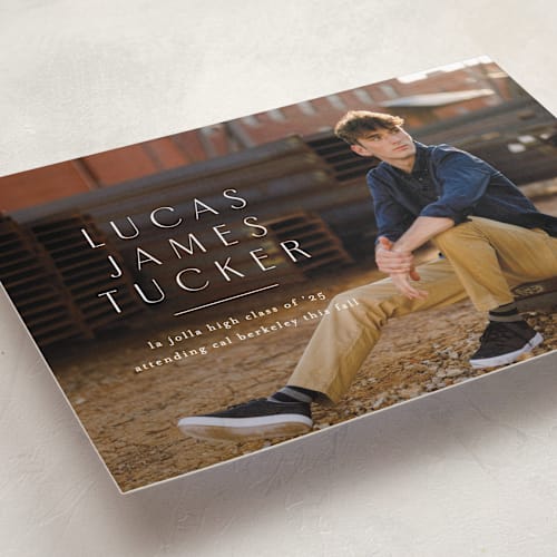 This is a linen graduation announcements with standard by Erica Krystek called stacked name printing on recycled smooth signature in standard