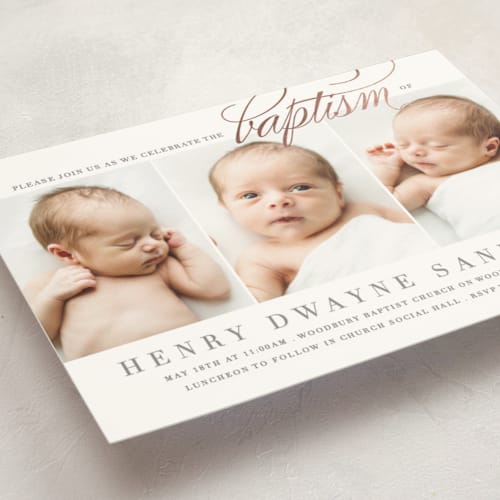 This is a cloud baptism and christening announcements with foil pressed by Bethany Anderson called scripted baptism printing on signature in standard
