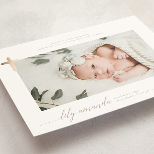 This is a cloud baptism and christening announcements with foil pressed by Phrosné Barwood called simple cross gold printing on signature in standard