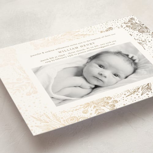 This is a maple baptism and christening announcements with foil pressed by Phrosné Barwood called bountiful printing on signature in standard