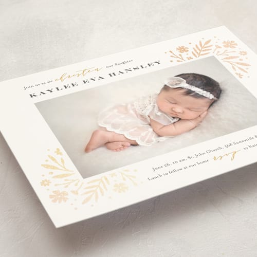 This is a mustard baptism and christening announcements with foil pressed by Jana Volfova called elegant florals printing on signature in standard