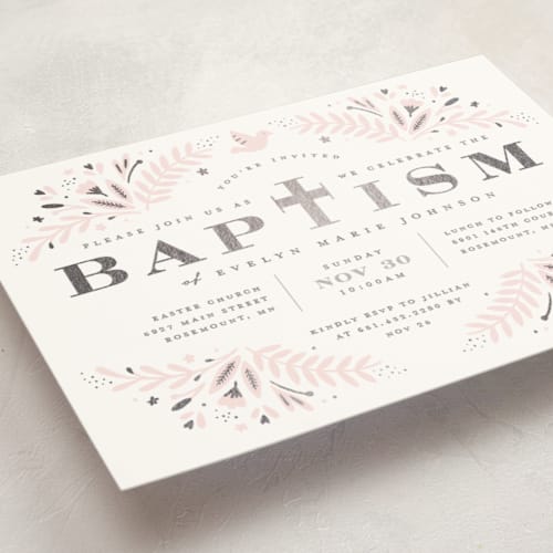 This is a blush baptism and christening announcements with foil pressed by Michelle Taylor called little one printing on signature in standard