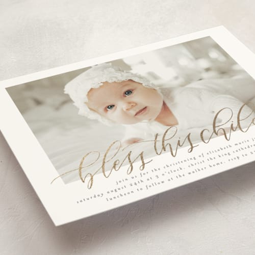 This is a cream baptism and christening announcements with foil pressed by Grace Kreinbrink called classic blessings printing on signature in standard