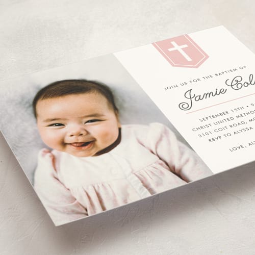 This is a bubblegum baptism and christening announcements with standard by Susan Asbill called delicate cross printing on signature in standard