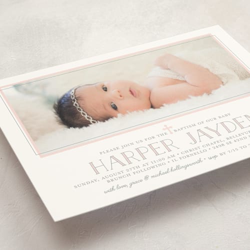 This is a petal baptism and christening announcements with standard by Jessica Williams called sweet simplicity printing on signature in standard
