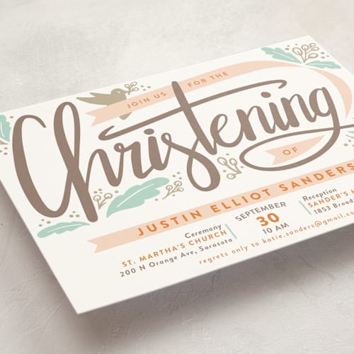 This is a cantaloupe baptism and christening announcements with standard by Mai Jimenez called christened garden printing on signature in standard