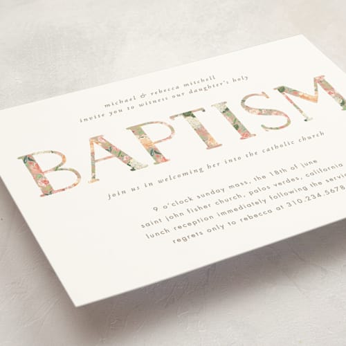 This is a cream baptism and christening announcements with standard by Becky Nimoy called floral filled baptism printing on signature in standard