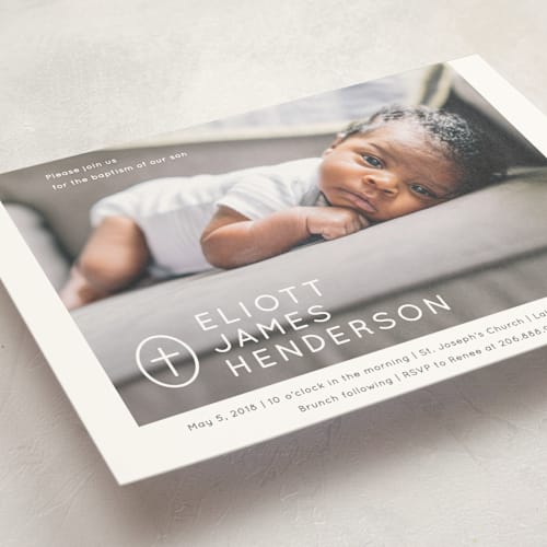 This is a slate baptism and christening announcements with standard by Drango Design called simply modern cross printing on signature in standard