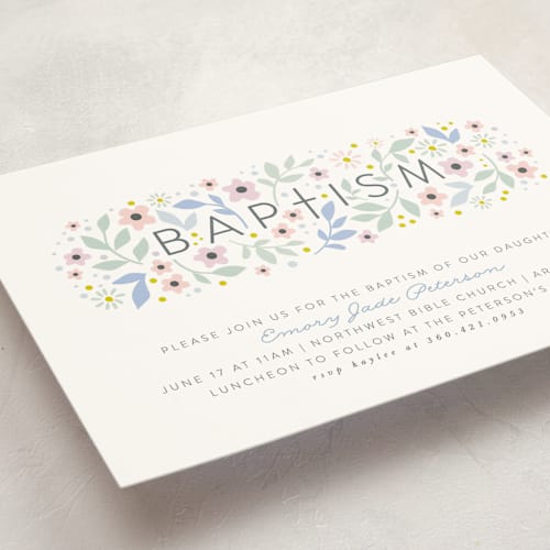 This is a blue jay baptism and christening announcements with standard by Karidy Walker called sweet blossoms printing on signature in standard