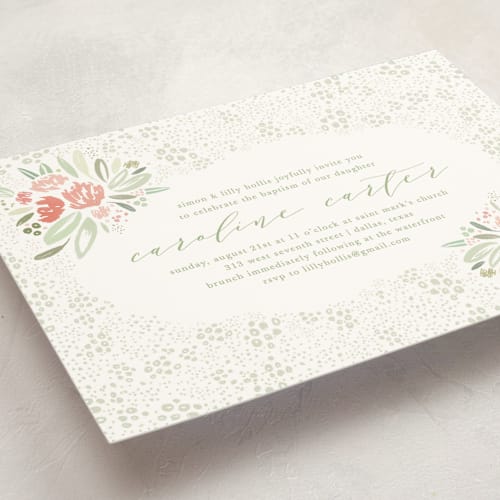 This is a spearmint baptism and christening announcements with standard by Julie Murray called bouquet printing on signature in standard