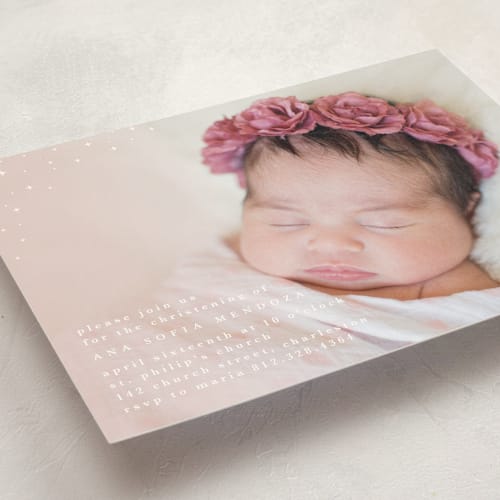 This is a rose baptism and christening announcements with standard by Faith Dorn called twinkling gradient printing on signature in standard