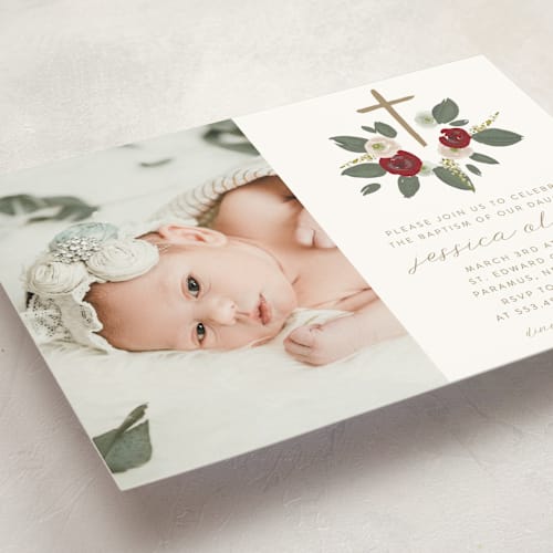 This is a ruby baptism and christening announcements with standard by Grae called cross and roses printing on signature in standard