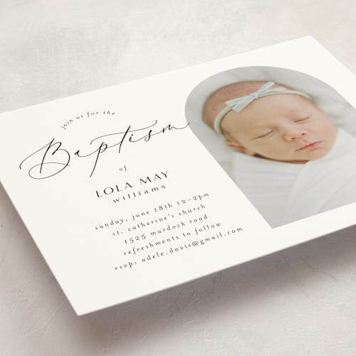 This is a ink baptism and christening announcements with standard by Morgan Kendall called elegant minimalism printing on signature in standard