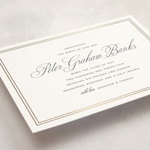 This is a inkwell foil stamped birth announcements with foil pressed by Megan Davis called scholarly charm printing on signature in standard